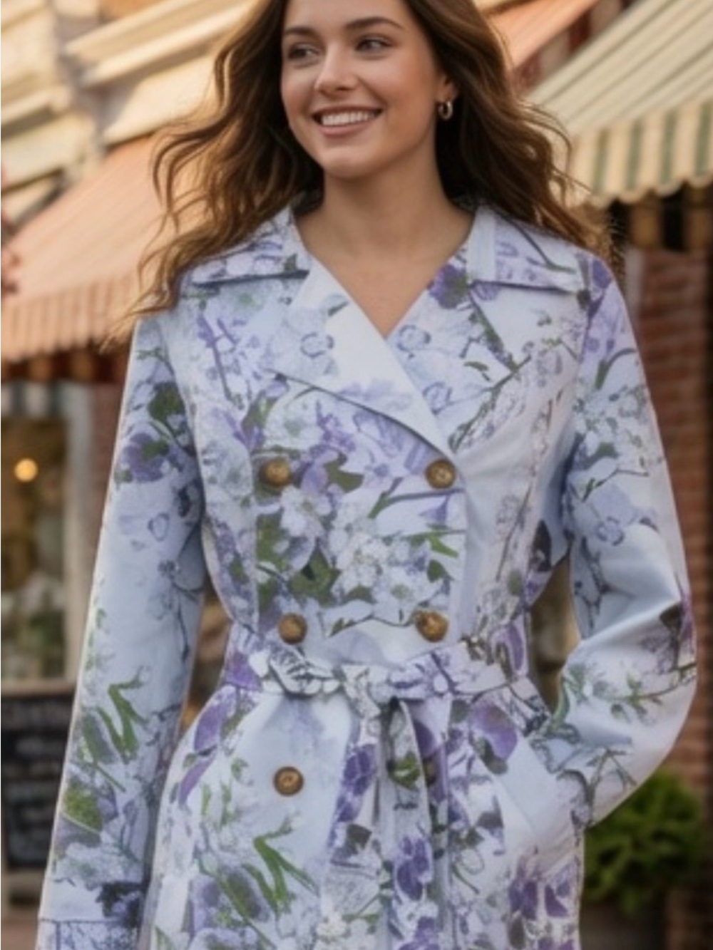 Dennis Basso Floral Double-Breasted Trench Coat in Lavender